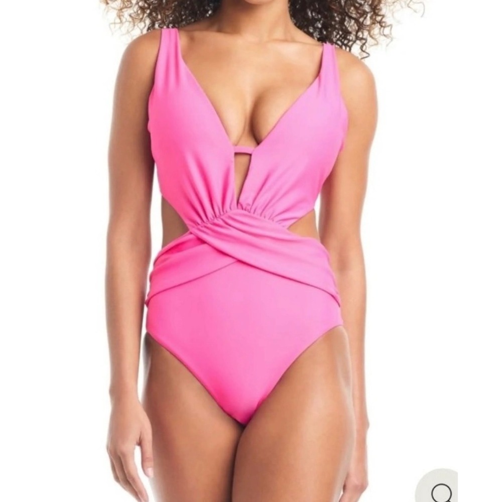 Bar‎ III Hot Pink Cutout Monokini One Piece Swimsuit Plunge Twist Front Ruched